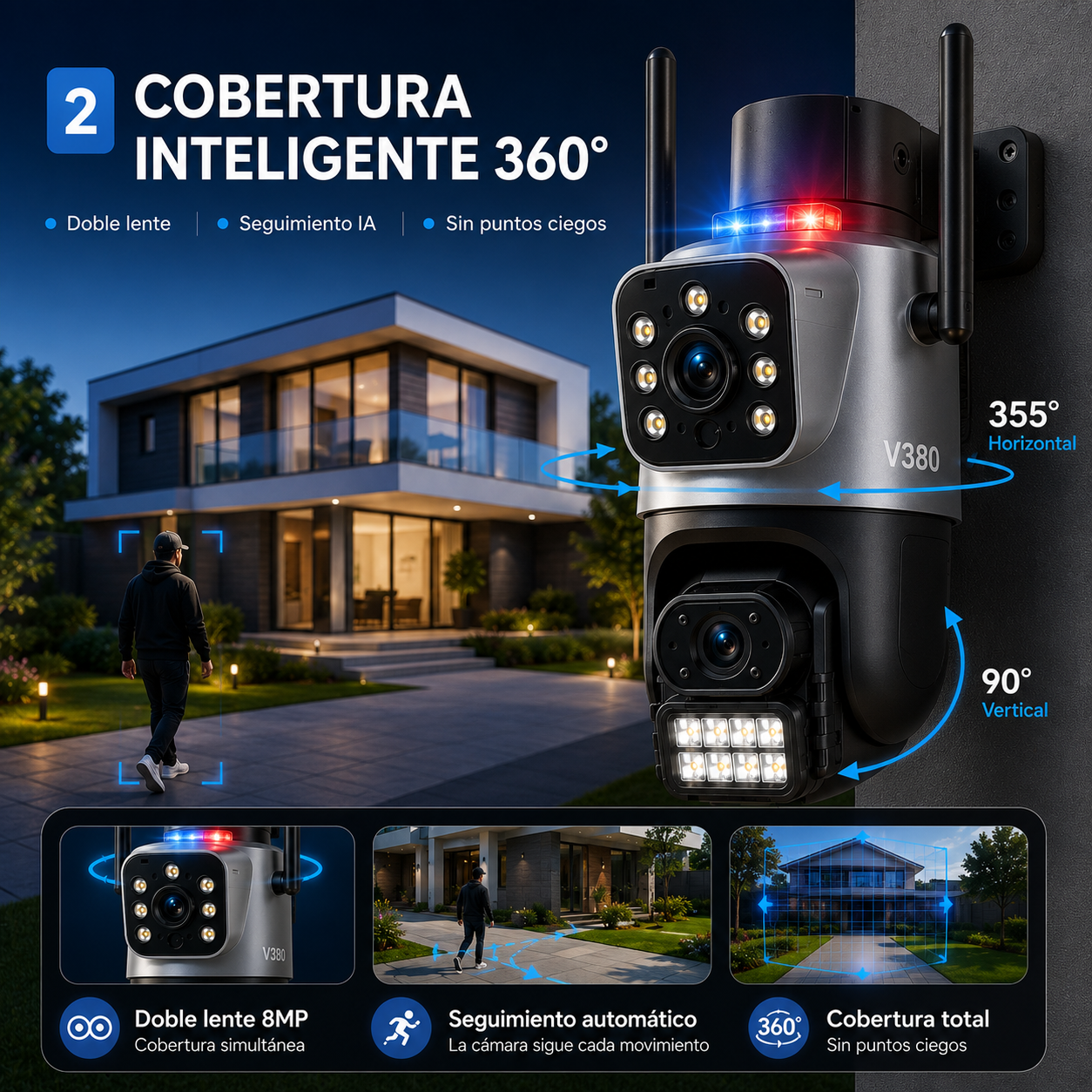 Cámara de Seguridad IP 360° WiFi Exterior 8MP | Doble Lente | Seguimiento Inteligente IA | Visión Nocturna a Color