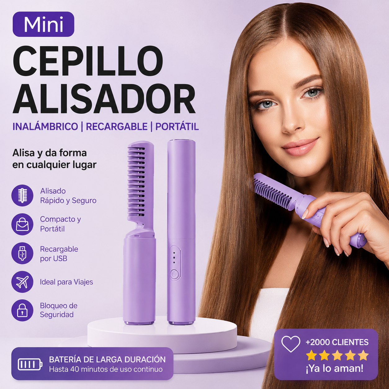 Mini Cepillo Alisador Inalámbrico | Recargable USB, Portátil
