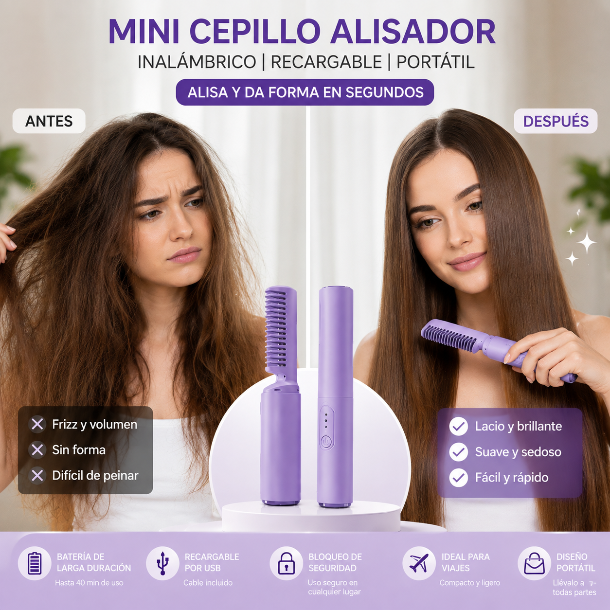 Mini Cepillo Alisador Inalámbrico | Recargable USB, Portátil