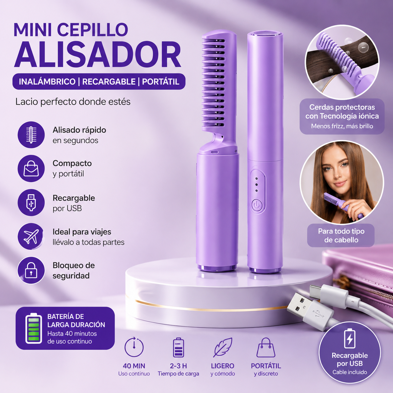 Mini Cepillo Alisador Inalámbrico | Recargable USB, Portátil