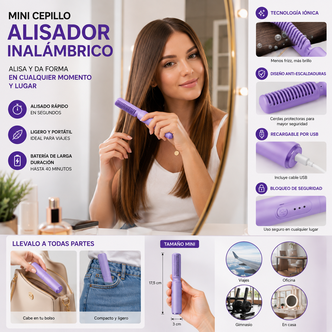 Mini Cepillo Alisador Inalámbrico | Recargable USB, Portátil