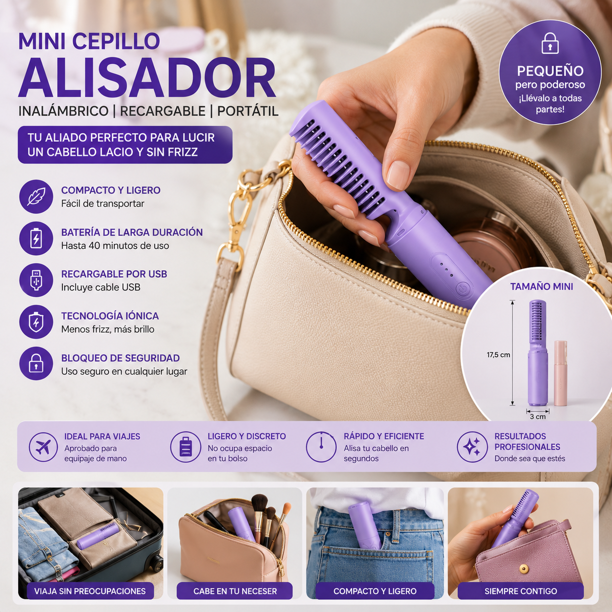 Mini Cepillo Alisador Inalámbrico | Recargable USB, Portátil