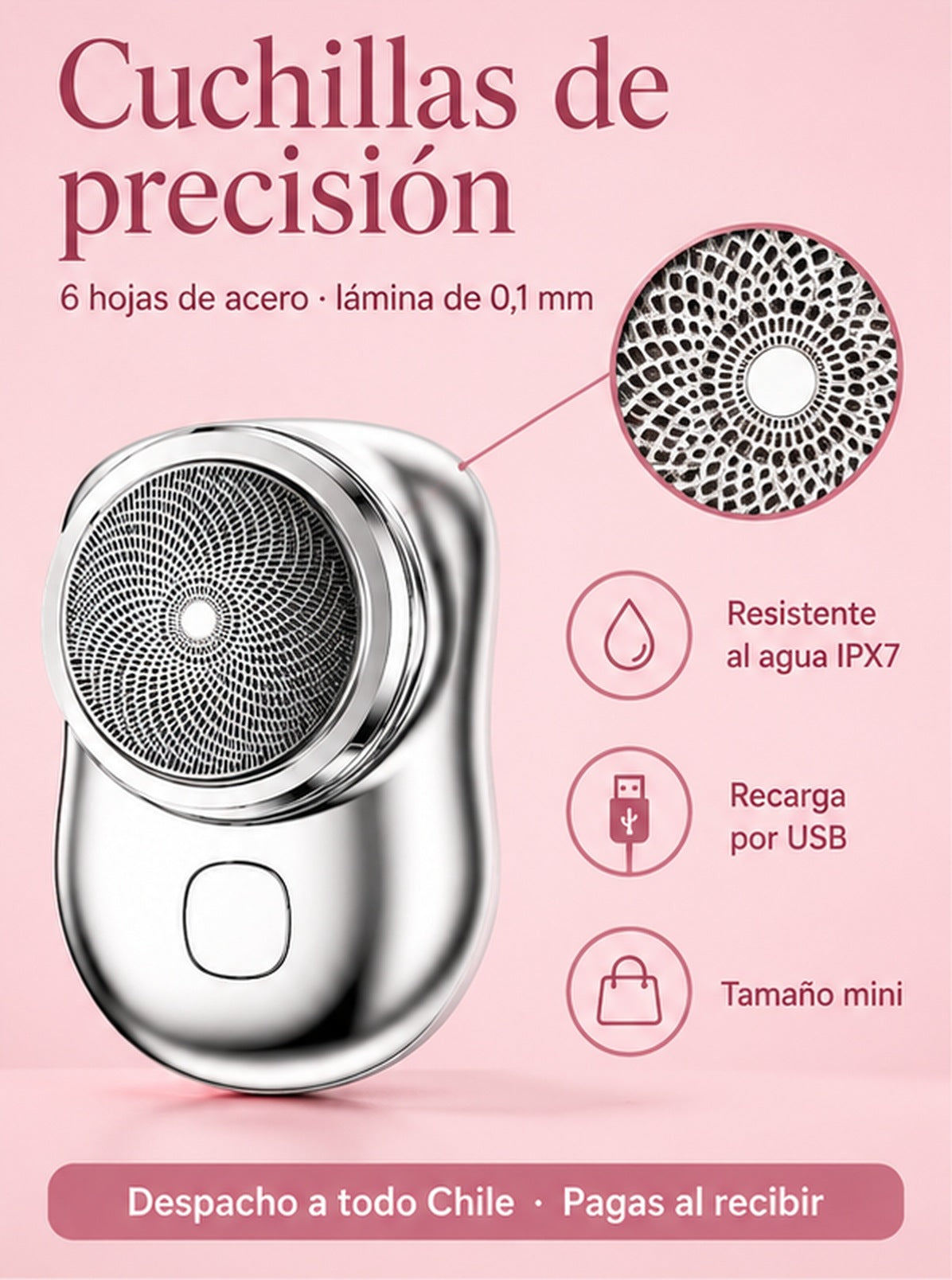Mini afeitadora: 6 hojas de acero, IPX7, recarga USB, tamaño mini