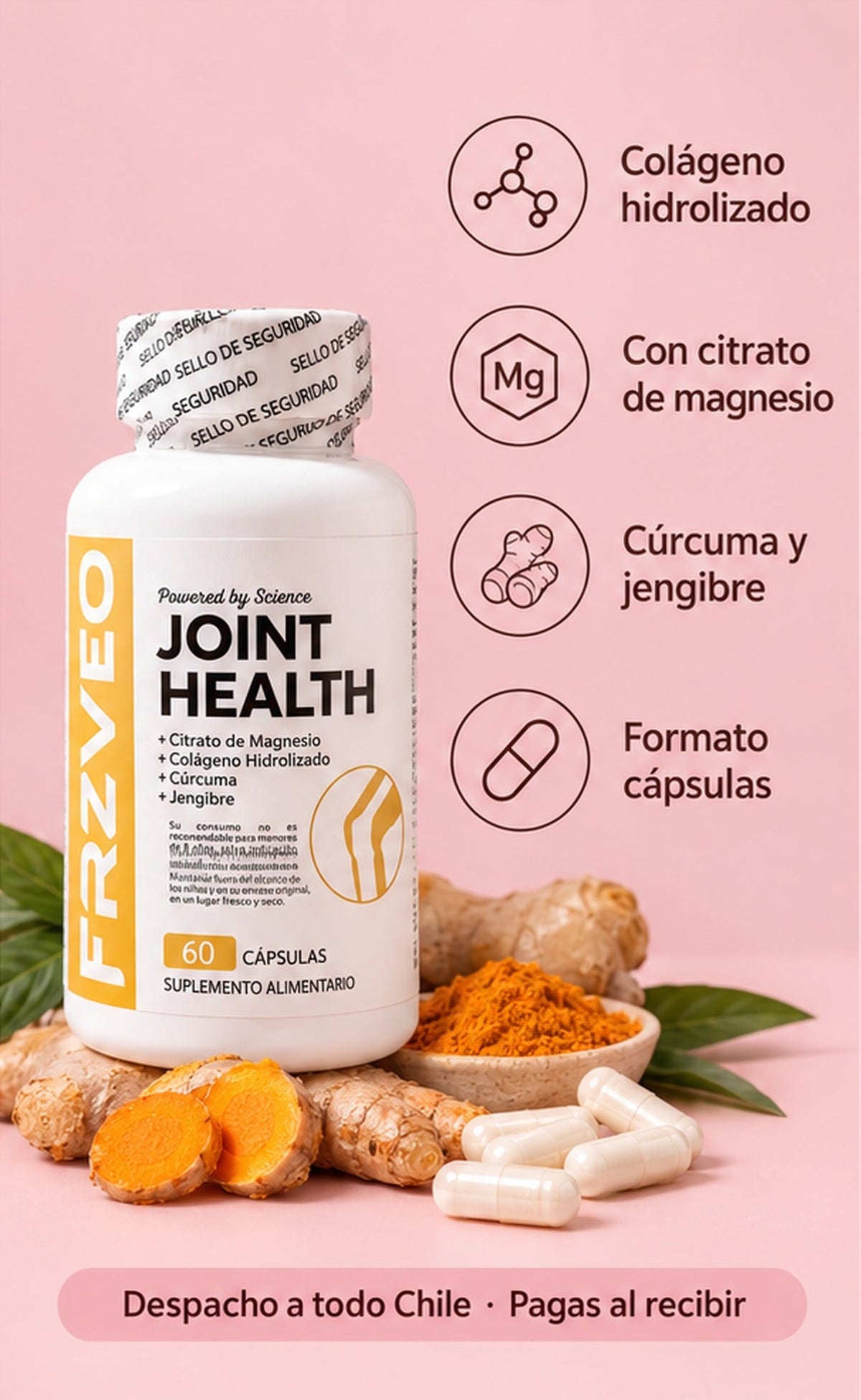 Joint Health: colágeno hidrolizado, citrato de magnesio, cúrcuma y jengibre, cápsulas