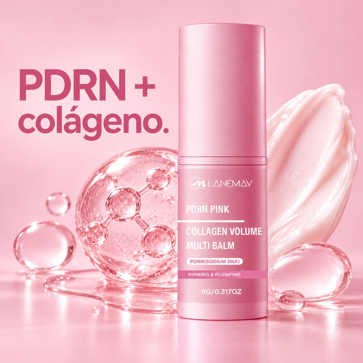 Bálsamo PDRN + colágeno con textura de sérum y gotas translúcidas